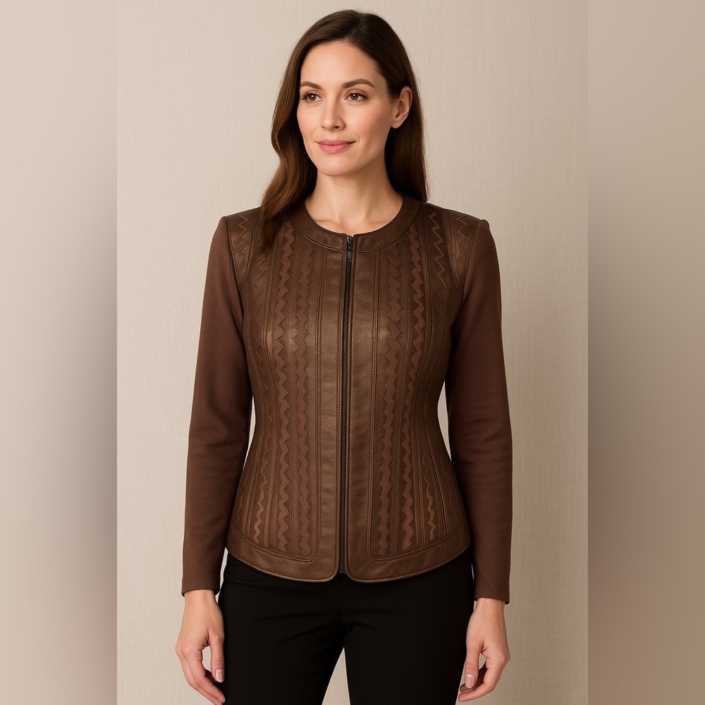 Nygard Collection Petites Brown Leather Panel Zip Jacket Size M (10–12)